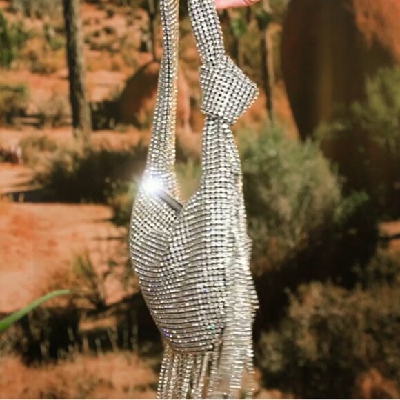 L ARTISTE SILVER RHINSTONE CRYSTAL FRINGED KNOTTED HANDLE HAND BAG - Picture 5 of 9